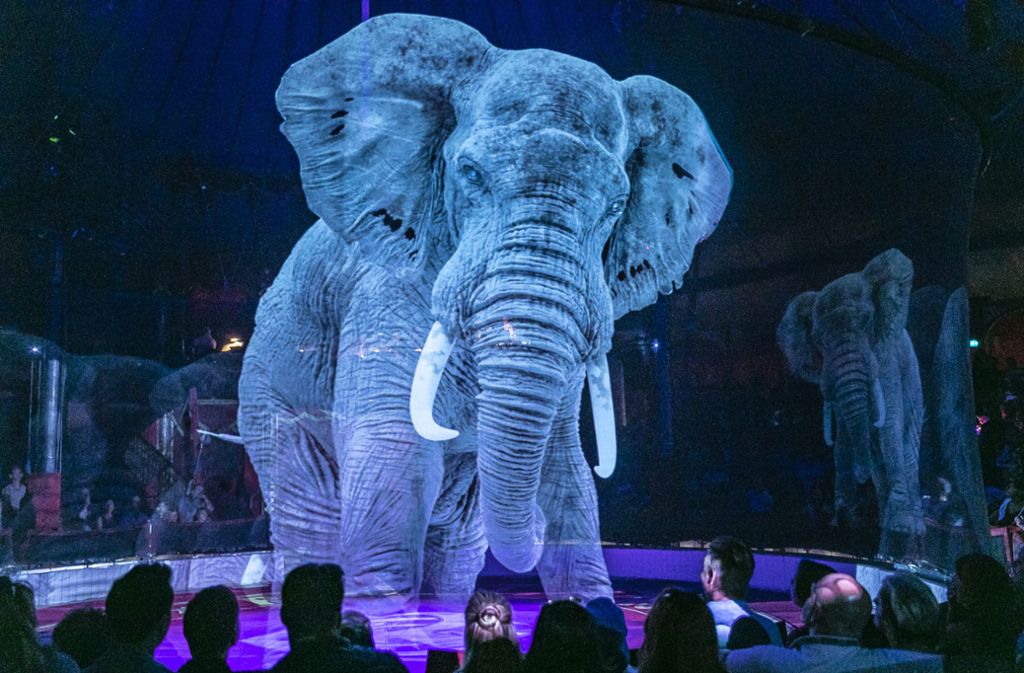 Im Roncalli-Zelt treten seit März 2019  Tiere in Form von Hologrammen auf. Durch einen Laserbeamer werden hier fünf Meter große Elefanten projiziert.