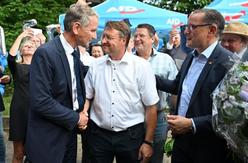 Björn Höcke (links) und Tino Chrupalla (rechts) gratulierten Robert Sesselmann (Mitte). Foto: dpa/Martin Schutt