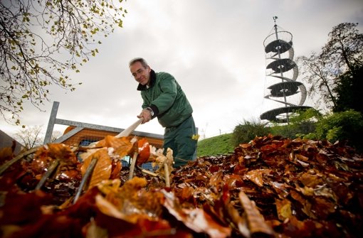Michael Paff schafft das Laub aus dem Höhenpark. Foto: Max Kovalenko