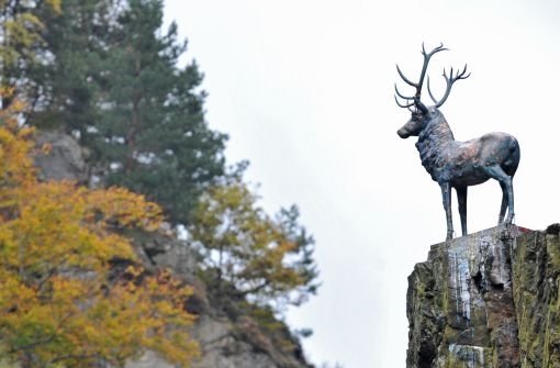 Er ist zurück: Der restaurierte Hirsch aus Kupfer steht am Samstag am Hirschsprung an der Bundesstraße 31 bei Buchenbach. Foto: dpa