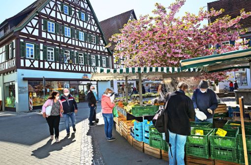 Verantwortungsbewusst: die meisten Menschen in Kirchheim erledigen ihre Einkäufe auf dem Markt mit Schutzmaske. Foto: Ines Rudel