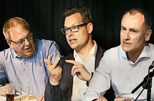 Die drei aussichtsreiche Kandidaten (von links) Thomas Keck (SPD), Carl-Gustav Kalbfell (FDP) und Christian Schneider (CDU) stellen sich am Sonntag in Reutlingen zur Wahl. Foto: Horst Haas