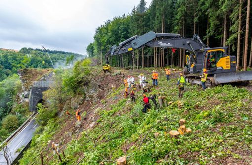 Die Forstarbeiter wurden mit Seilen gesichert, damit sie am Drackensteiner Hang nicht abstürzen. Foto: Autobahn GmbH NL Südwest