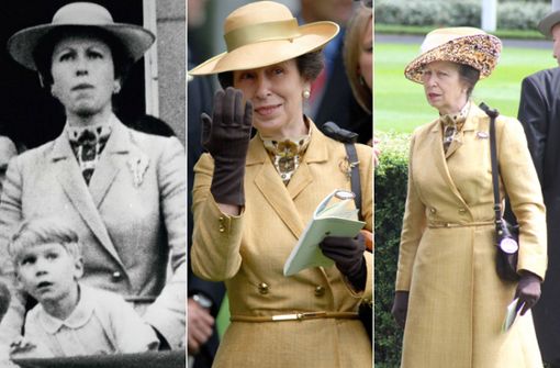 Ein Outfit, das inzwischen vier Jahrzehnte alt ist: Prinzessin Anne in ihrem currygelben Mantelkleid – 1983, 2011 und 2015. Foto: Imago/Keystone/Matrix
