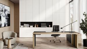 Seriös und einladend: Lösung für ein Einzelbüro mit eleganter Wohnzimmer-Atmosphäre und Möbeln von Walter Knoll.