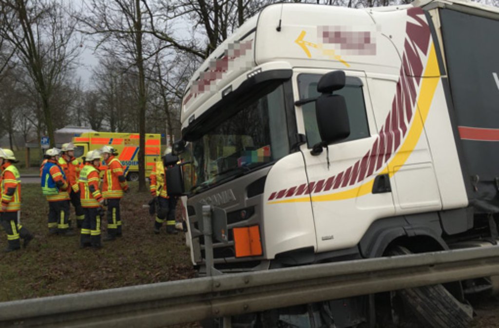 Rettungskräfte kümmern sich am Freitagmorgen um den Fahrer eines auf der Autobahn 81 bei Pleidelsheim verunglückten Lastwagens.