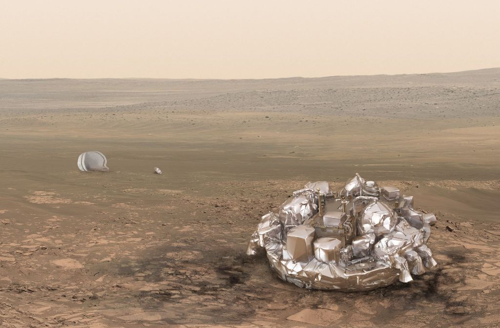 Die Illustration zeigt das Schiaparelli-Modul nach der Landung auf der Oberfläche des Mars. In der Realität misslang die Landung allerdings aufgrund technischer Probleme.