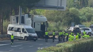 Rettungskräfte an der Unfallstelle an der Autobahn AP-4 unweit von Sevilla im Süden des Landes: Ein LKW erfasste mehrere Menschen. Foto: Francisco J. Olmo/Europapress/dpa
