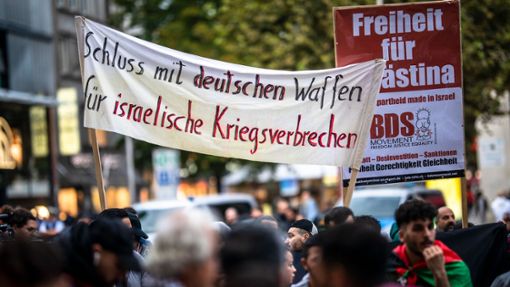 Teilnehmer einer propalästinensischen Kundgebung in Stuttgart halten dieses Banner in die Höhe. (Archivbild) Foto: dpa/Christoph Schmidt
