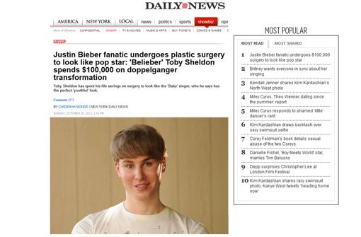 Kinn kürzen, Wangen aufpolstern - und einige schmerzhafte Operationen später sah ein junger Kalifornier aus wie der kanadische Superstar Justin Bieber.  Foto: nydailynews.com