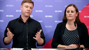 Die linken Co-Vorsitzenden Martin Schirdewan und Janine Wissler stellten das Europawahl-Programm der Partei vor. Foto: dpa/Britta Pedersen