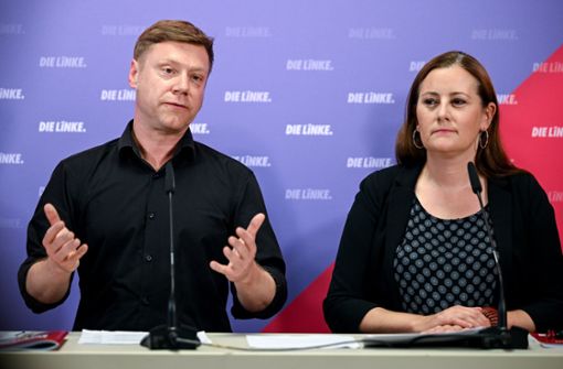 Die linken Co-Vorsitzenden Martin Schirdewan und Janine Wissler stellten das Europawahl-Programm der Partei vor. Foto: dpa/Britta Pedersen