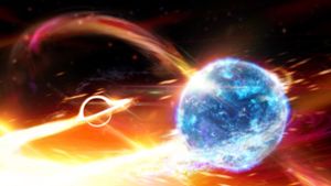 Künstlerische Darstellung eines Schwarzen Lochs, das einen Neutronenstern verschlingt. Forscher haben nach eigenen Angaben erstmals beobachtet, wie ein Schwarzes Loch einen Neutronenstern verschlingt. Foto: Carl Knox/OzGrav ARC/ANU College of Science/dpa