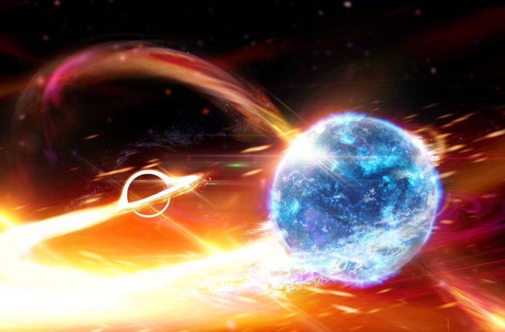 Künstlerische Darstellung eines Schwarzen Lochs, das einen Neutronenstern verschlingt. Forscher haben nach eigenen Angaben erstmals beobachtet, wie ein Schwarzes Loch einen Neutronenstern verschlingt.