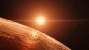 Das Trappist-1 System mit seinen sieben Planeten, rund 40 Lichtjahre von der Erde entfernt. Gibt es dort Wasser, könnte es auch Leben geben. Foto: AFP