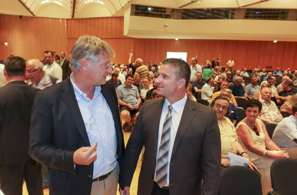 Der AfD-Bundesvorsitzende Jörg Meuthen mit dem Ludwigsburger Abgeordneten Martin Hess bei einer Versammlung.
