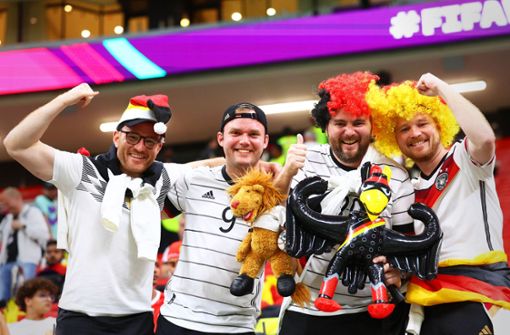 Diese vier Fußballfans sind zu einem Spiel des deutschen Teams in Katar angereist. Foto: dpa/Tom Weller
