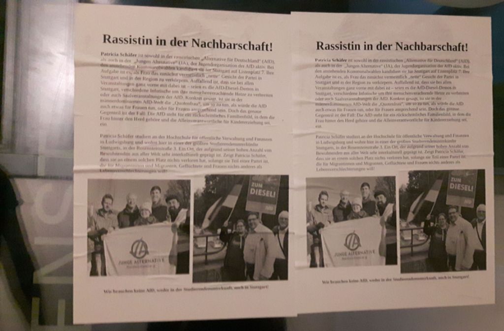 Unbekannte gingen mit Flyern gegen die Stuttgarter AfD-Spitzenkandidatin in deren Studentenwohnheim vor. Sehen Sie in unserer Bildergalerie die Schattenseiten des Kommunalwahlkampfs in Stuttgart.