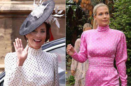Andere Farbe, aber gleiches Kleid vom selben Designer: Prinzessin Kate (links) und Lady Eliza Spencer. Foto: AFP/Henry Nicholls/Imago/Zuma/Dinendra Haria