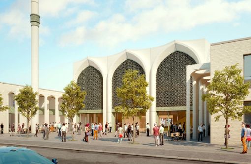 Von der Gemeinde sehnlichst erwartet: So soll die neue Ditib-Moschee an der Mauserstraße in wenigen Jahren aussehen, mit Vorplatz und Nebengebäuden.Visualisierung: SL Rasch GmbH Foto: SL Rasch GmbH