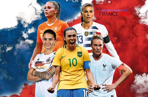 Die potenziellen WM-Stars der Titelkämpfe in Frankreich: Lieke Martens (Niederlande), Alex Morgan (USA), Amadine Henry (Frankreich), Marta (Brasilien) und Dzenifer Marozsan (Deutschland/von li. oben im Uhrzeigersinn) Foto:  