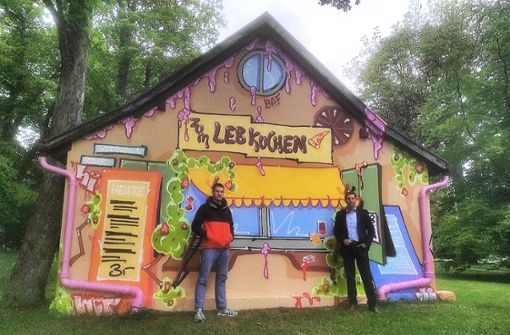 Lucas Wurmbach (links), einer der beiden Graffiti-Künstler, und Martin Binder, Leiter Netzentwicklung der Stuttgart Netze, stehen  vor dem neu gestalteten Umspannhäuschen an der Herrenberger Straße. Foto: Frank Wahlenmaier