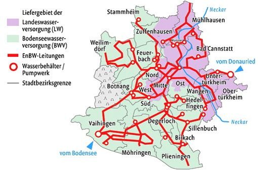 Je zur Hälfte der Bodensee und Donauried stillen den Durst der Stuttgarter. Foto: StN-Grafik: Lange, Quelle: EnBW