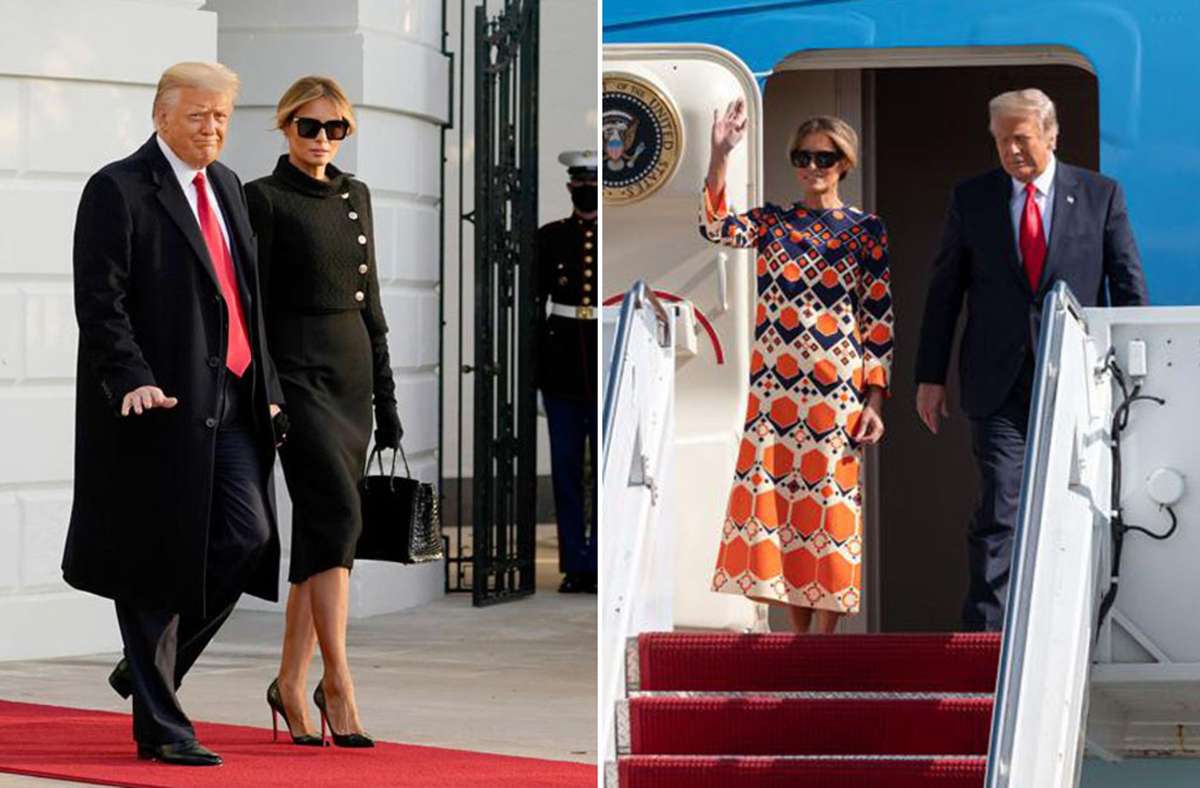 Melania Trump verlässt das Weiße Haus in Schwarz – und entsteigt „Air Force One“ in Florida deutlich farbenfroher. Foto: dpa/AFP