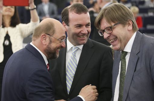 Kandidatensuche: Martin Schulz (links) gibt den Posten ab, Manfred Weber (Mitte) hätte seine Nachfolge antreten können, Guy Verhofstadt (rechts) hat selbst Ambitionen. Foto: EPA