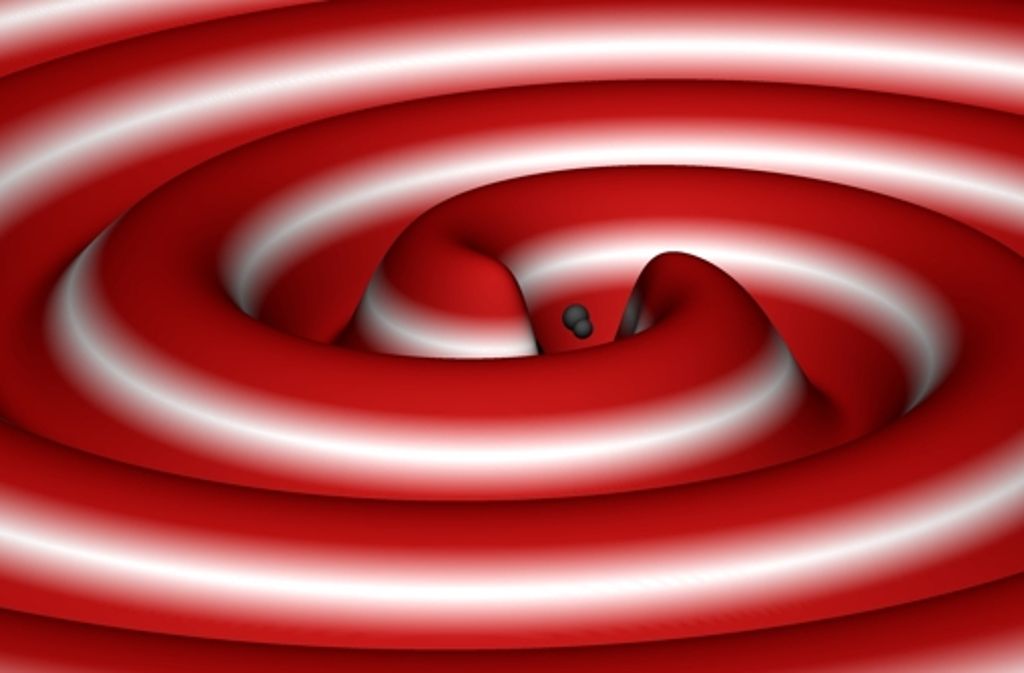 Diese Simulation  zeigt  dreidimensional, wie zwei Schwarze Löcher unter Abstrahlung von Gravitationswellen verschmelzen.