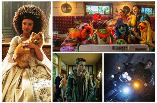 Wie wäre es zum Beispiel mit „Queen Charlotte – Eine Bridgerton-Geschichte“, „The Muppets Mayhem“, „Fubar“ oder „Der Greif“ (von links oben im Uhrzeigersinn)? Unsere Streamingserien-Empfehlungen im Mai. Foto: Netflix (2), Disney+, Amazon Prime