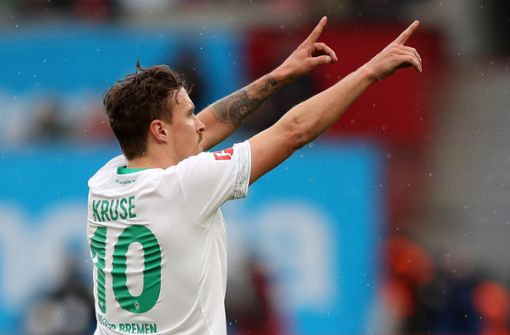 Max Kruse vom SV Werder Bremen jubelt gegen Bayer Leverkusen. Foto: Bongarts