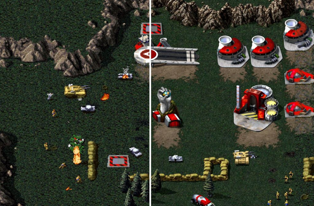 Links ist die alte, rechts die neue Grafik von Command & Conquer zu sehen. Für Remaster wurden alle Einheiten- und Gebäudemodell neu gestaltet.