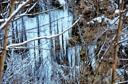 Nur wenn es über Tage  kalt genug ist, bilden sich am Neidlinger Wasserfall  lange Eiszapfen.Im Februar ist das der Fall gewesen. Foto: Horst Rudel