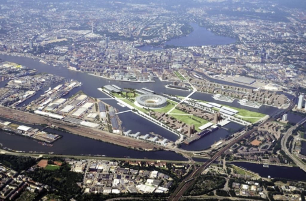 Die undatierte Computeranimation zeigt das Olympiastadion auf dem geplanten Olympiagelände auf dem Kleinen Grasbrook im Hafen von Hamburg.
