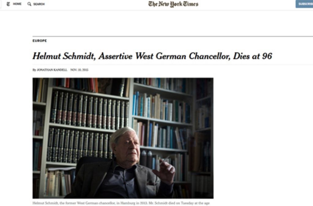 Die internationale Presse würdigt den verstorbenen deutschen Altkanzler Helmut Schmidt nicht nur als großen Politiker. Wir geben einen Überblick.Die New York Times schreibt: Mr. Schmidt war jahrzehntelang einer der beliebtesten Politiker Westdeutschlands.
