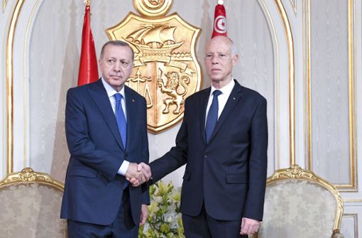Der türkische Präsdient Erdogan und der tunesische Präsident Kaïs Saïed schütteln die Hände. Foto: AP/Slim Abid