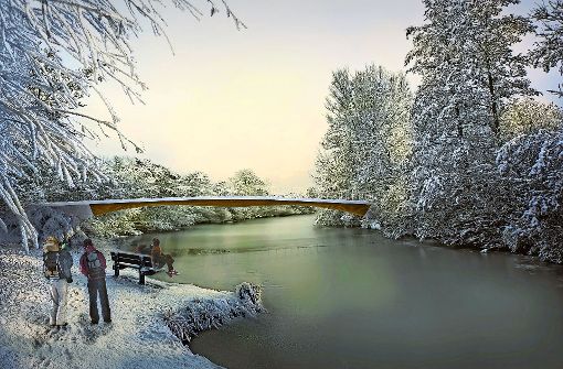 So könnte in Weinstadt die  bessere Anbindung des Trappelers per Holzbrücke aussehen. Animation:Arge Stuttgarter Holzbrücke Foto:  