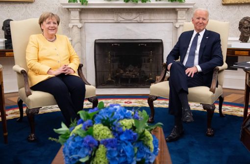 Nach einem gemeinsamen Gespräch im Oval Office trafen sich Kanzlerin Angela Merkel und US-Präsident Joe Biden am Donnerstag  zu einem  Abendessen im Weißen Haus. Foto: AFP/SAUL LOEB