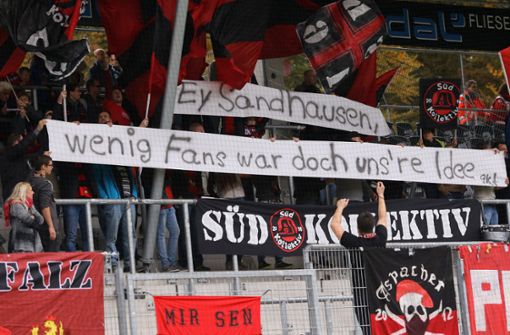 Bringen viel Selbstironie mit: die Fans der SG Sonnenhof Großaspach. Foto: Baumann