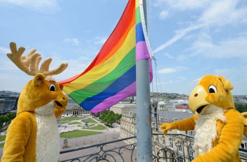 Pünktlich zur CSD-Parade der Schwulen und Lesben in Stuttgart weht über dem Neuen Schloss im Stadtzentrum die Regenbogenflagge.  Foto: dpa