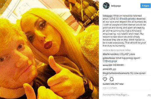 Auf Instagram sprang Lady Gaga ihrem Kollegen Ed Sheeran bei. Foto: Instagram/@ladygaga