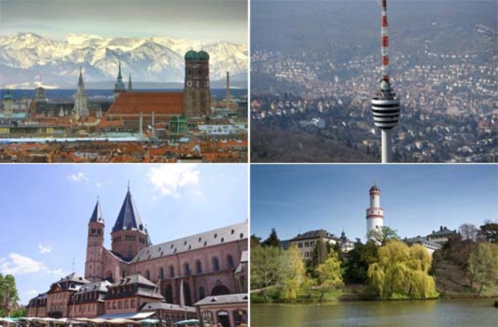 Die Bildergalerie gibt einen Überblick über die Top Ten der teuersten Städte für Mieter in Deutschland (von links oben im Uhrzeigersinn: München, Stuttgart, Bad Homburg und Mainz) - klicken Sie sich durch!