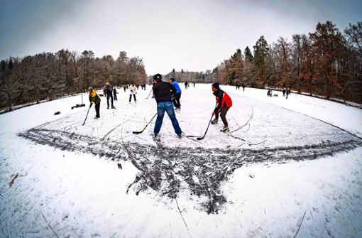 Ein Bild aus besseren Wintertagen:  Eishockey im Januar 2017 auf dem zugefrorenen Pfaffensee am Bärenschlössle. Foto: Lichtgut/Achim Zweygarth