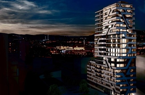 Das geplante Hochhaus Cloud No. 7 im Europaviertel: Den Hotelgästen und Bewohnern sollen sich dort  traumhafte Ausblicke   eröffnen. Foto: Schwäbische Wohnungs AG/tec architectur