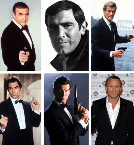 Nach dem Eintags-Agenten George Lazenby (oben in der Mitte) und einem Kurzcomeback Sean Connerys (Diamantenfieber, 1971; oben links), überimmt 1973 der Brite Roger Moore (oben rechts) die Rolle des Agenten James Bond. Foto: dpa