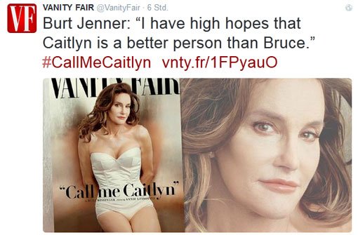 Bruce Jenner ist jetzt Caitlyn - als Frau posiert der Stiefvater von Kim Kardashian auf dem Cover der Vanity Fair. Foto: twitter.com/VanityFair