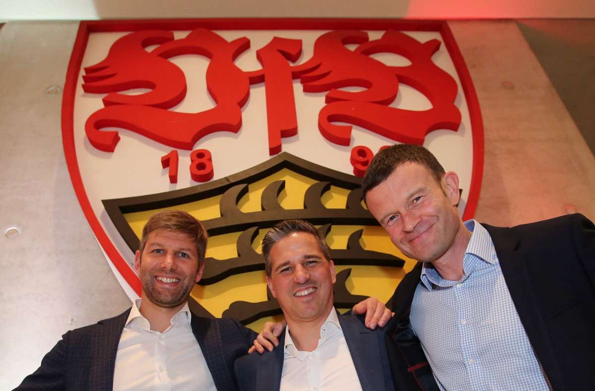 Jochen Röttgermann (rechts) und Stefan Heim (Mitte) müssen gehen – im VfB-Vorstand bleibt damit nur Thomas Hitzlsperger übrig. Foto: Pressefoto Baumann