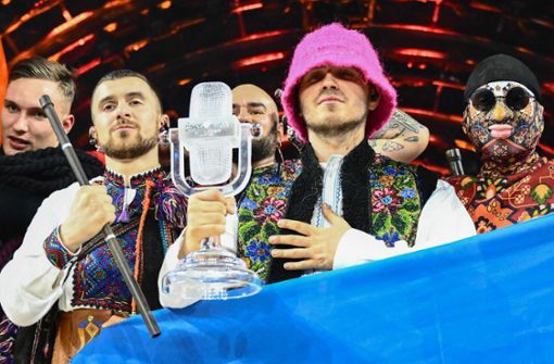Das Kalush Orchestra siegte beim Eurovision Song Contest in Turin mit dem Hiphop-Lied „Stefania“. Foto: AFP/MARCO BERTORELLO