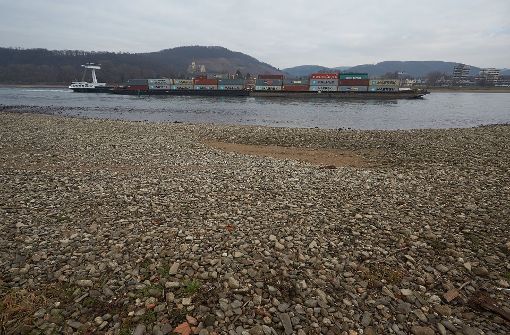 Ein Containerschiff passiert eine Sandbank am Rhein bei Bad Breisig in Rheinland-Pfalz. Der niedrige Wasserstand am Mittelrhein macht der Schifffahrt zunehmend zu schaffen. Foto: dpa